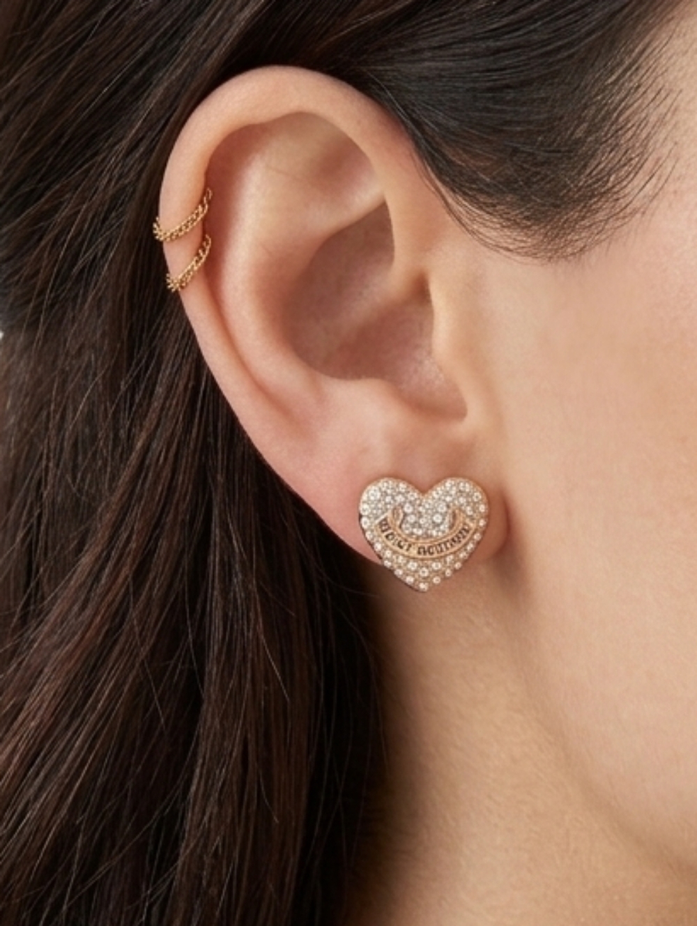 JUICY COUTURE Logo Heart Clear Stones Stud Earrings